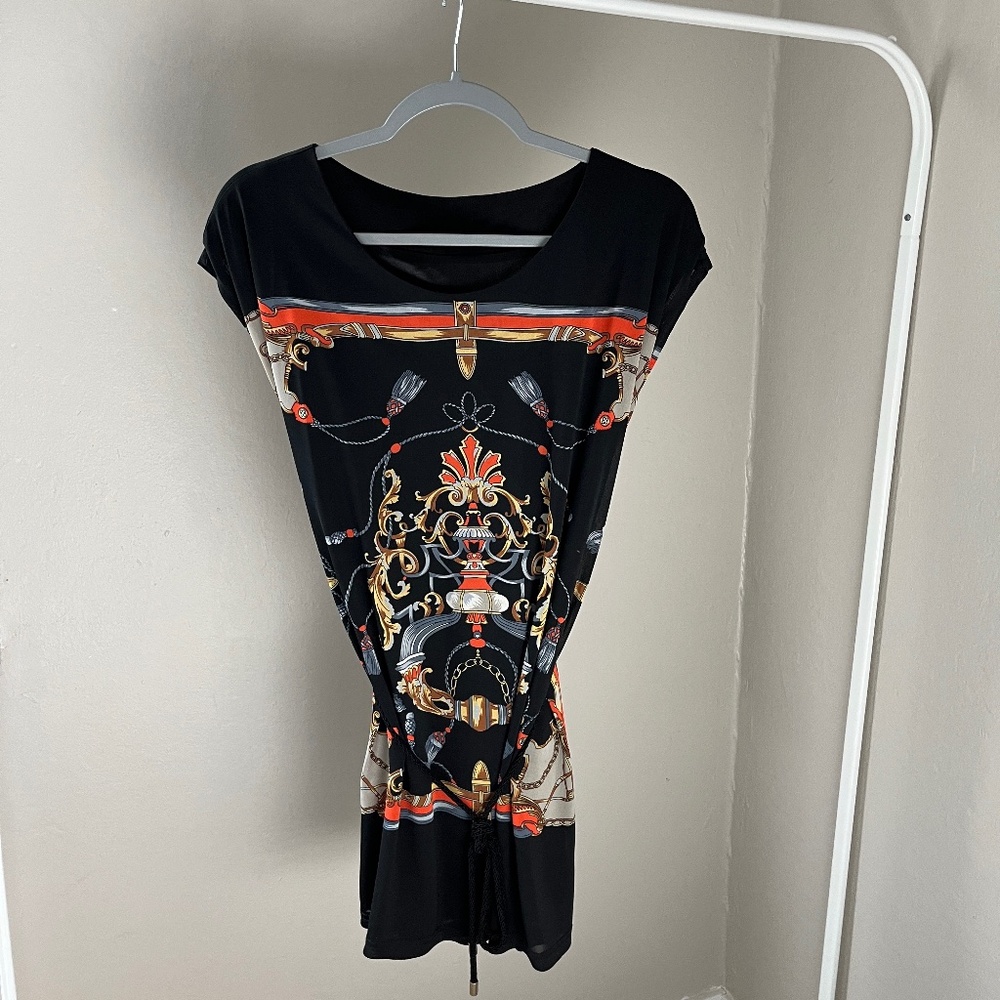 Bohemian Printed Shift Dress with Rope Belt